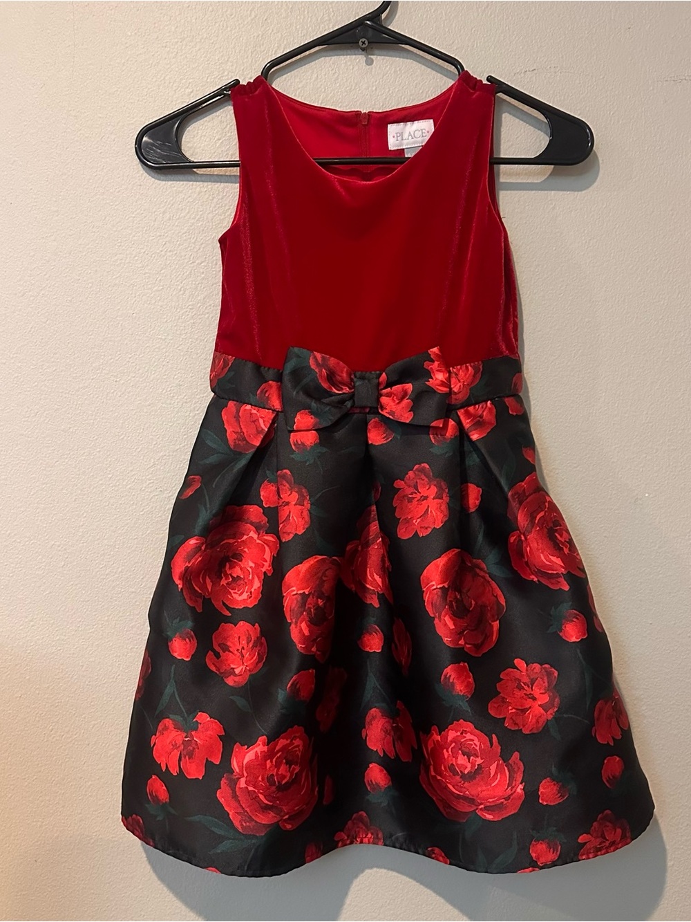 The Children's Place Red Velvet Bodice with Black & Red Floral Skirt Dress